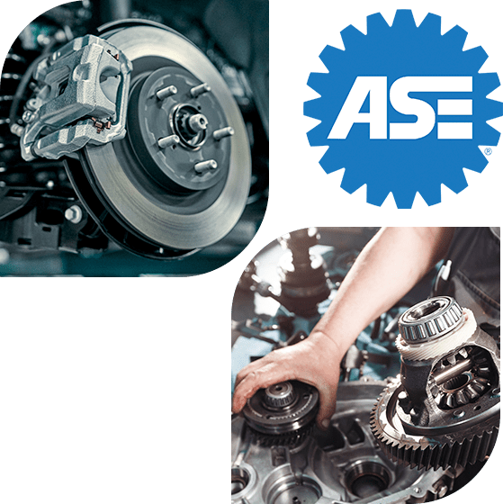 Car brakes, ASE Logo, Mechanic holding gear box